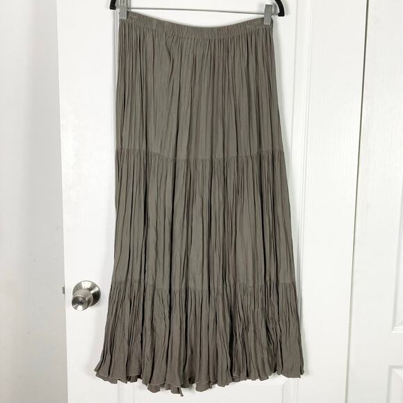 nwot DOUBLE D RANCH Skirt L Grey/Brown Pleated Crinkle A-Line Tiered Maxi Midi - Picture 3 of 9